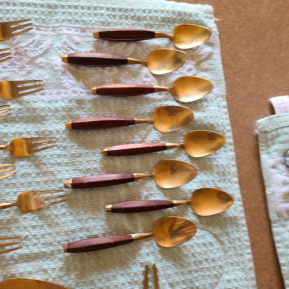 22 piece Thai wood and brass appetizer/dessert set